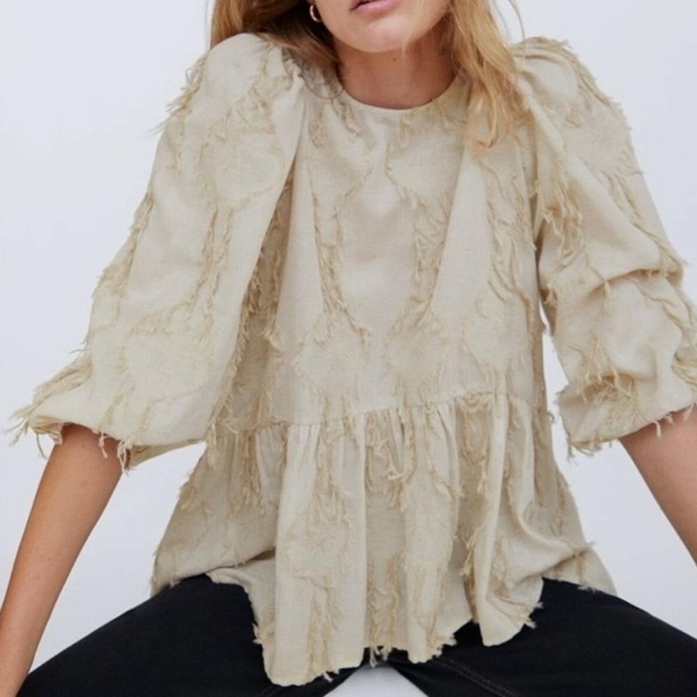 Zara Textured Voluminous Blouse Fringe Balloon Puff Sleeves Natural Beige XS
